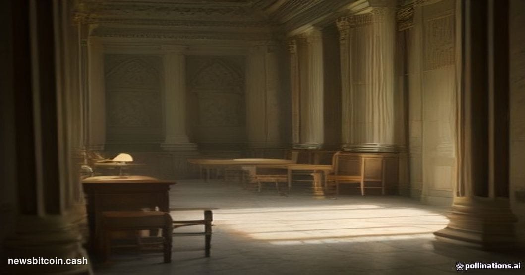 A cinematic photorealistic editorial photograph shot inside a grand, marble-columned U.S. Senate chamber corridor, dramatical