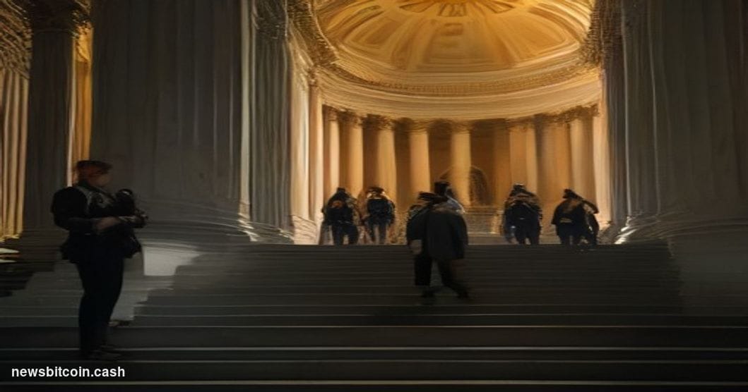 Cinematic photorealistic editorial photograph of the U.S. Capitol building in Washington D.C. at dusk, shot from a low angle 