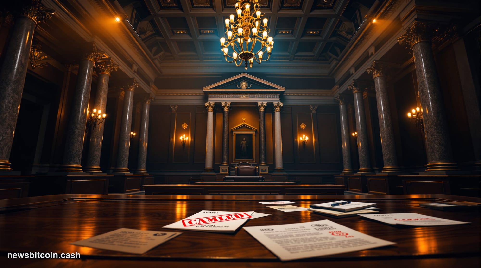 A cinematic photorealistic editorial photograph set inside the United States Senate chamber or Capitol Hill rotunda, captured