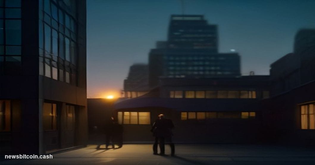 Cinematic photorealistic editorial photograph of the Coinbase San Francisco office exterior at dusk, dramatic side lighting c