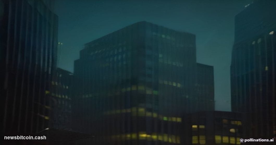 Cinematic photorealistic editorial photograph of the Coinbase San Francisco headquarters exterior at dusk, dramatic low-angle