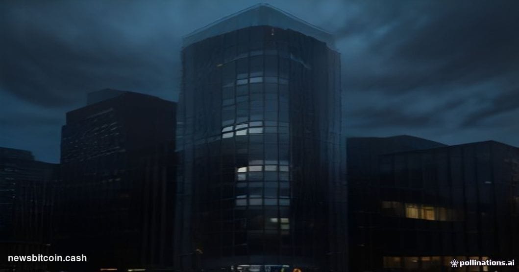 Cinematic photorealistic editorial photograph of the Coinbase San Francisco headquarters exterior at dusk, dramatic low-angle