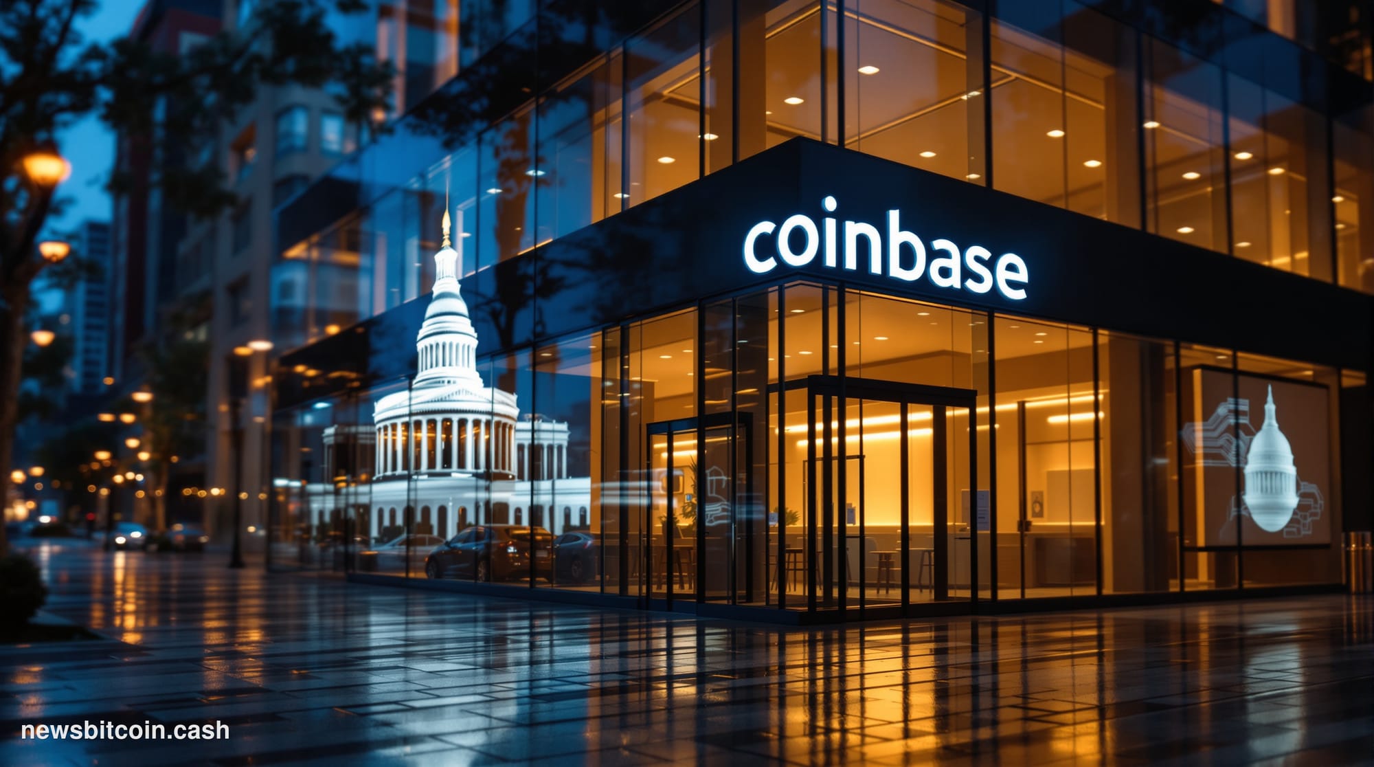 Cinematic photorealistic editorial photograph of the Coinbase headquarters building exterior in San Francisco, shot at dusk w
