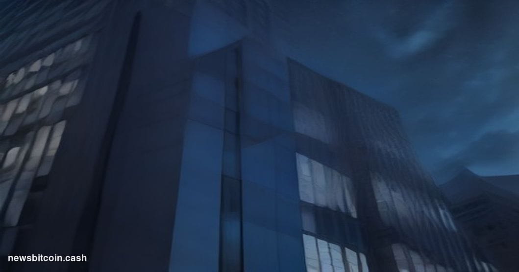 Cinematic photorealistic editorial photograph of the Coinbase San Francisco headquarters exterior at night, shot from a low a