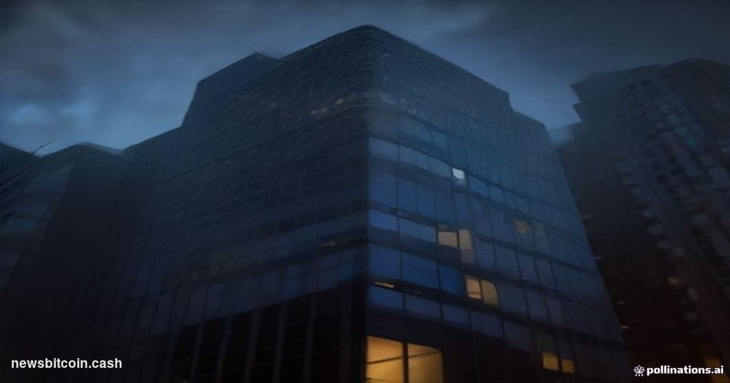 A cinematic photorealistic editorial photograph shot at a low angle looking up at the glass-and-steel facade of the Coinbase 