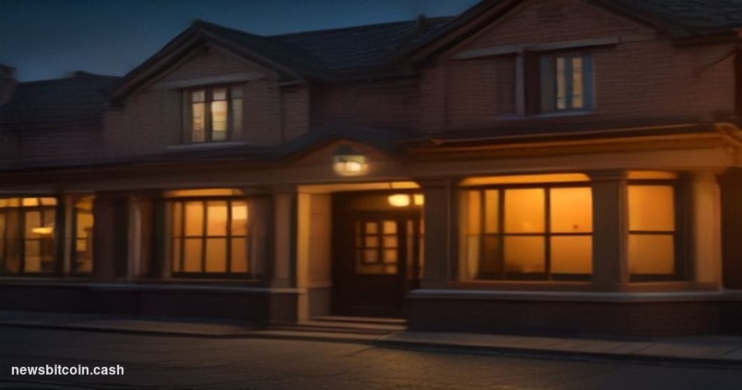 Cinematic photorealistic editorial photograph of a classic American community bank branch exterior at dusk, warm amber street