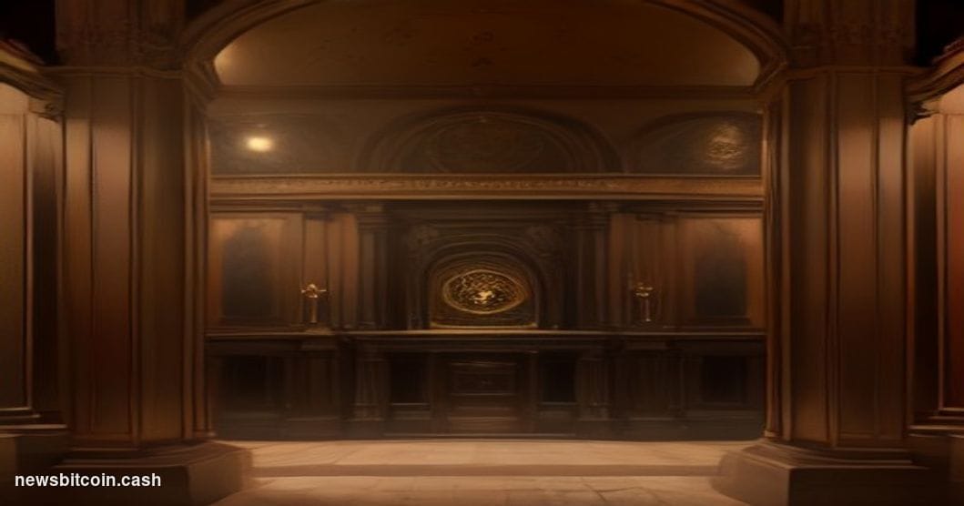 A cinematic photorealistic editorial photograph set inside a grand, vault-like space that evokes both the centuries-old Lloyd