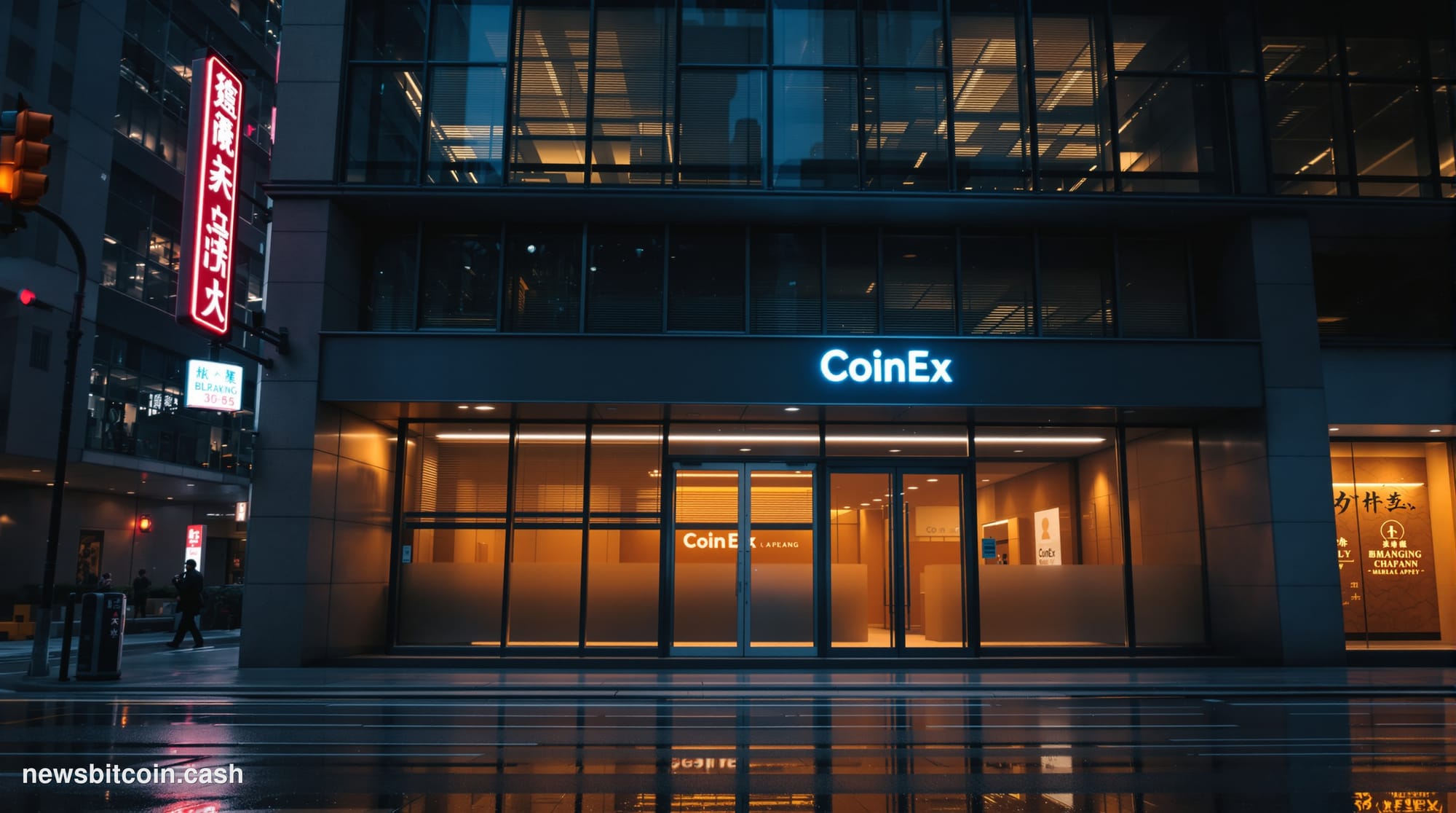 Cinematic photorealistic editorial photograph of a shuttered financial exchange office in Hong Kong's Central district, shot 