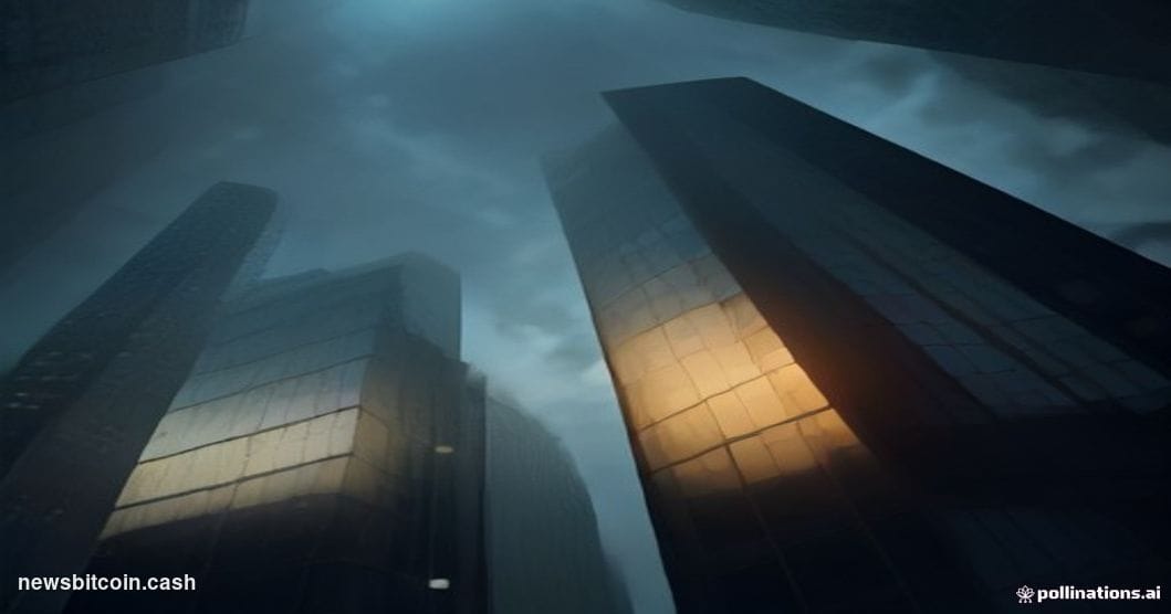 A cinematic photorealistic editorial photograph of a shuttered cryptocurrency exchange office, shot from a low angle looking 