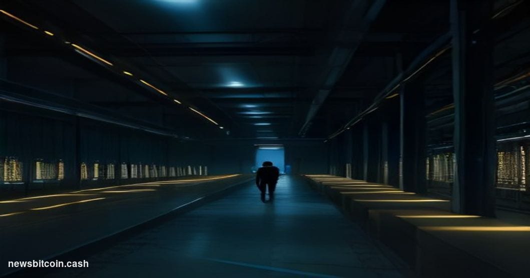 Cinematic photorealistic editorial photograph of a large-scale Bitcoin mining facility interior at night, rows of ASIC mining