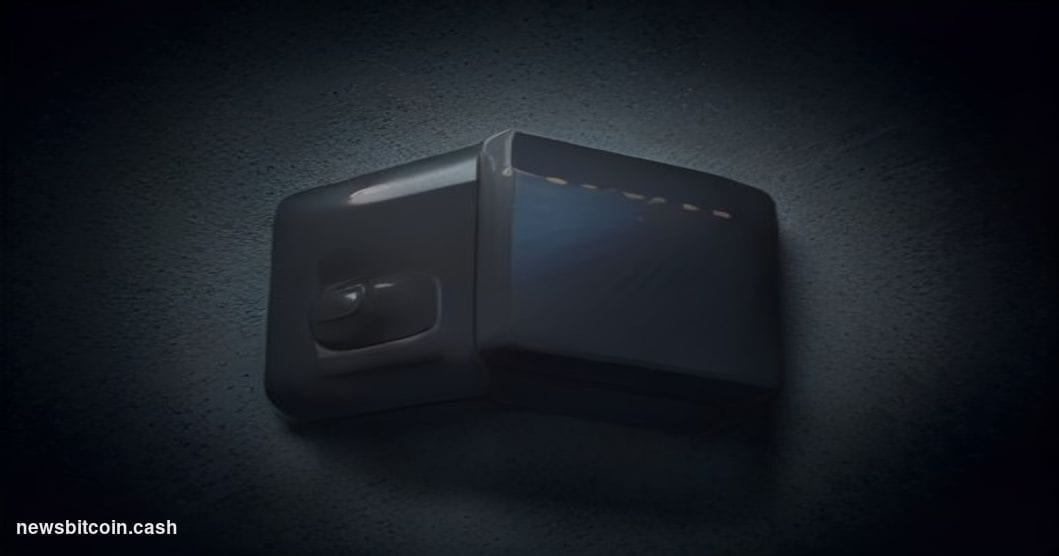 Cinematic photorealistic editorial photograph of a cold hardware wallet device — specifically a matte black rectangular Coldc