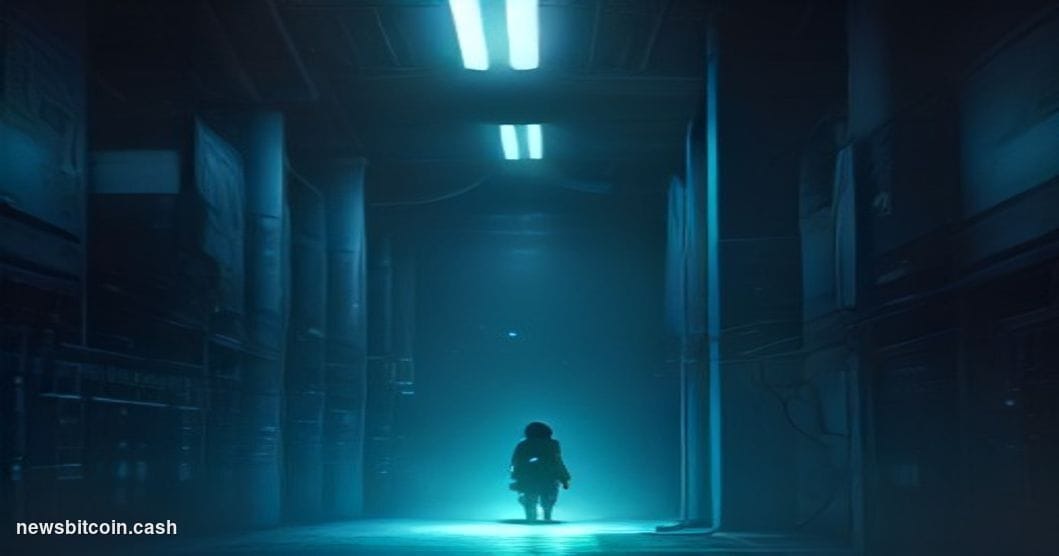 Cinematic photorealistic editorial photograph shot from a low angle looking up at a cold, industrial server room corridor bat