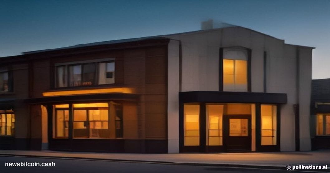 A cinematic photorealistic editorial photograph of a small-town community bank branch exterior at dusk, warm amber interior l