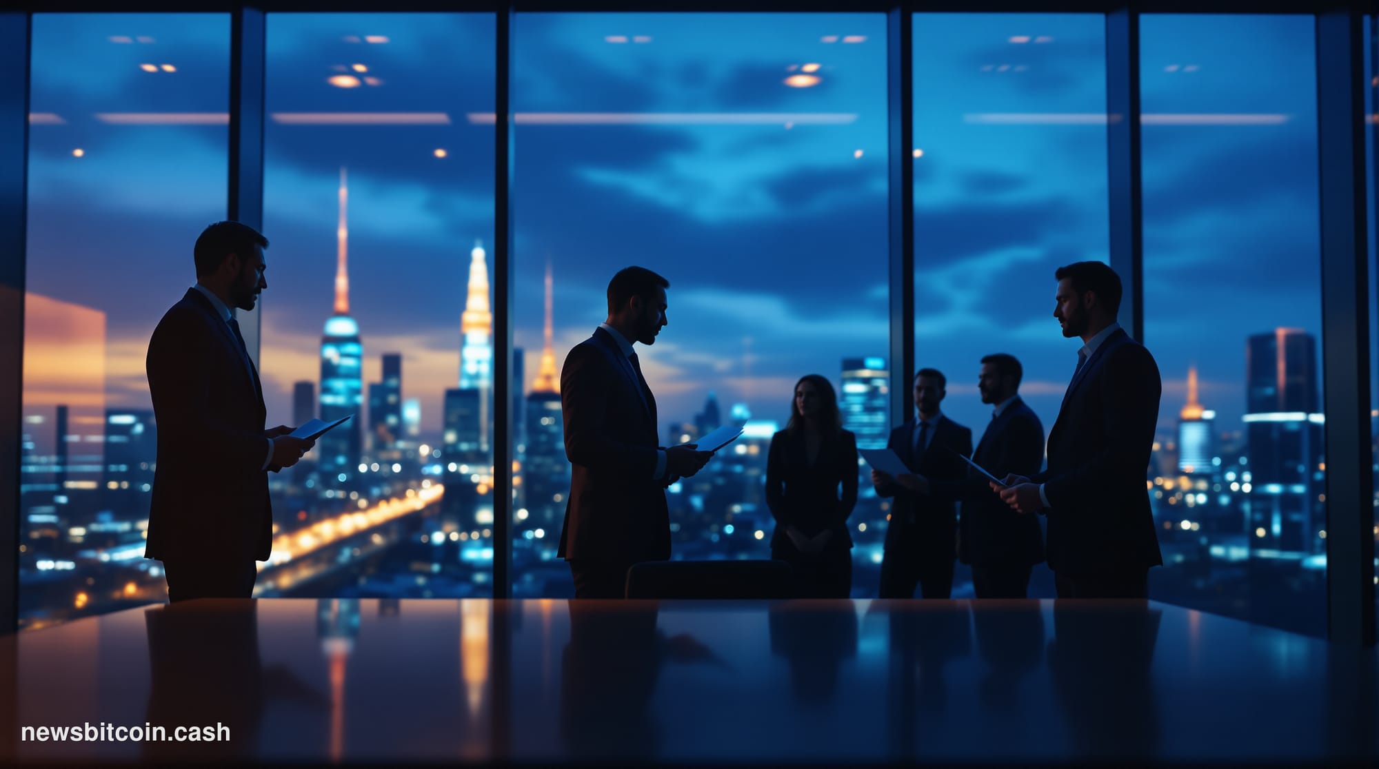 Cinematic photorealistic editorial photograph of a sleek, minimalist institutional trading floor bathed in cool blue-white am