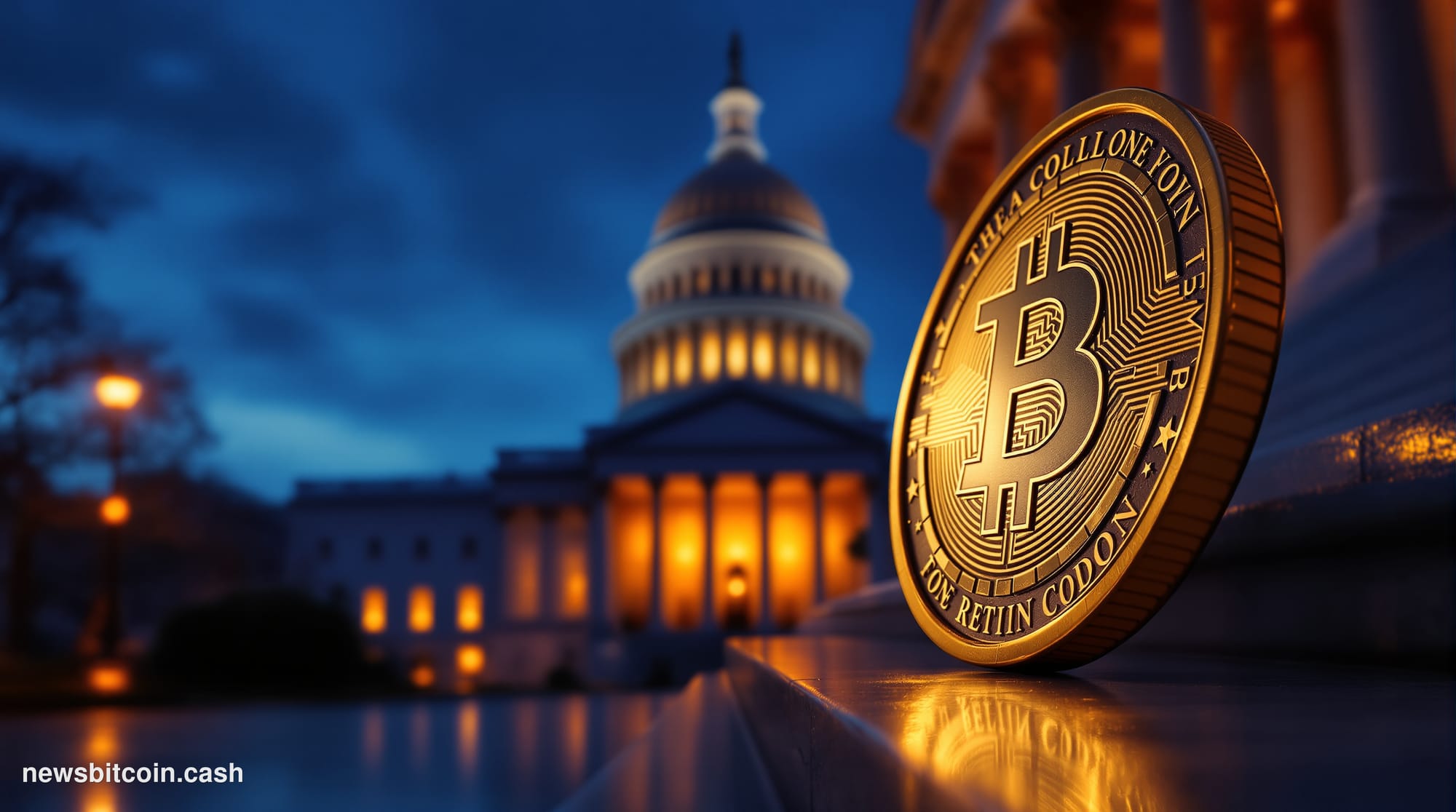 Cinematic photorealistic editorial photograph of the United States Capitol Building in Washington D.C. at dusk, captured from