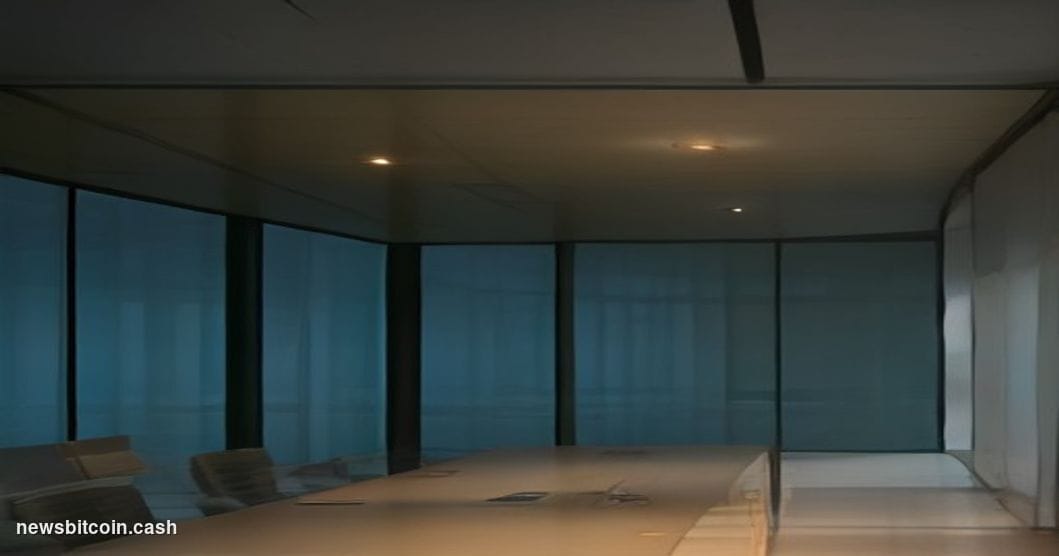 Cinematic photorealistic editorial photograph of a sleek corporate glass-and-steel office exterior split visually down the ce