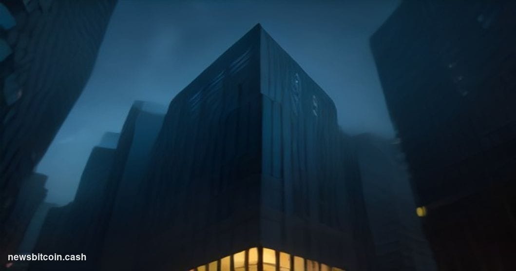 Cinematic photorealistic editorial photograph of a sleek modern corporate headquarters exterior at dusk, dramatically split d