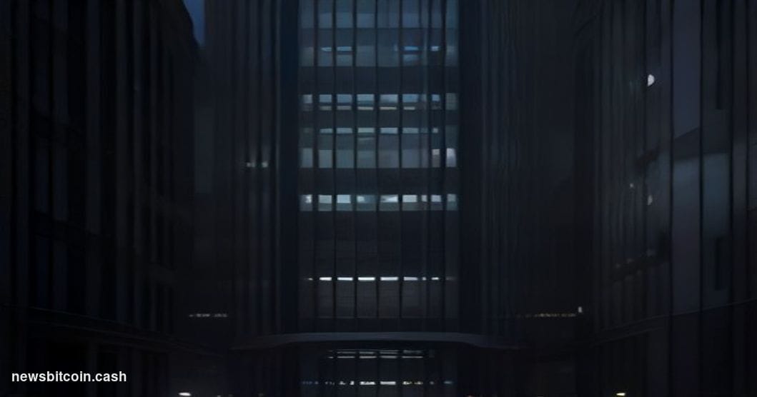 A cinematic photorealistic editorial photograph of an imposing but partially darkened corporate headquarters building in Lond