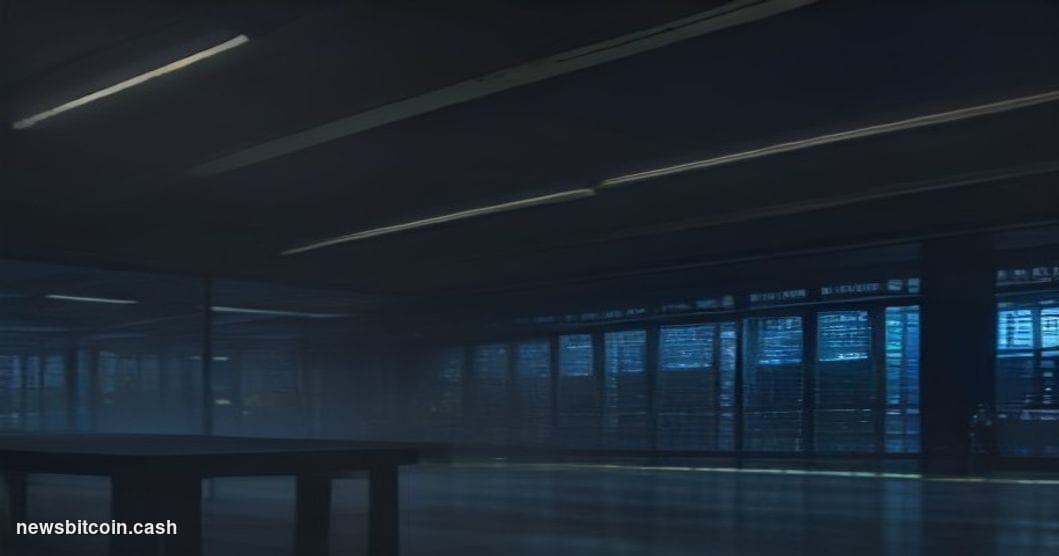 A cinematic photorealistic editorial photograph of a server room in dramatic, moody lighting — rows of glowing rack-mounted v