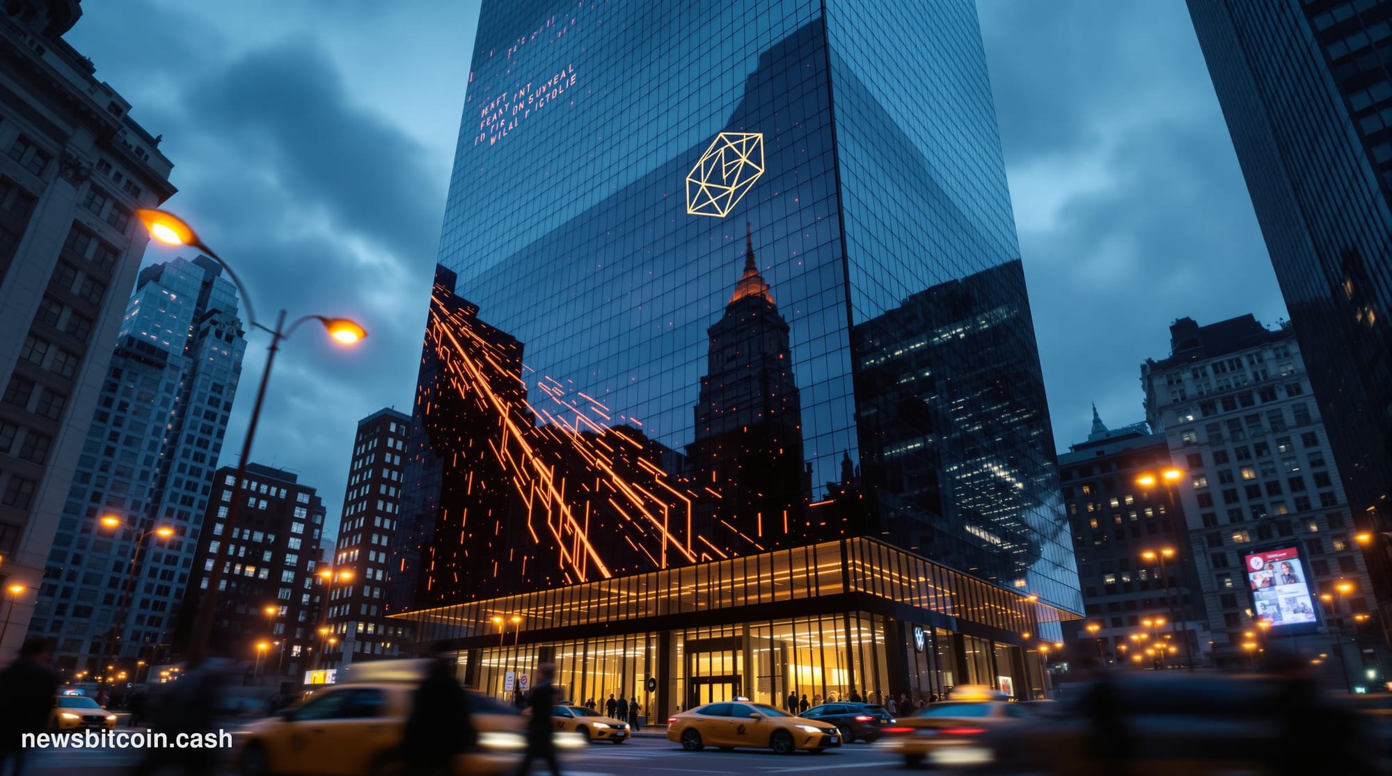 A cinematic photorealistic editorial photograph shot from a low angle looking up at a dark glass-and-steel corporate headquar