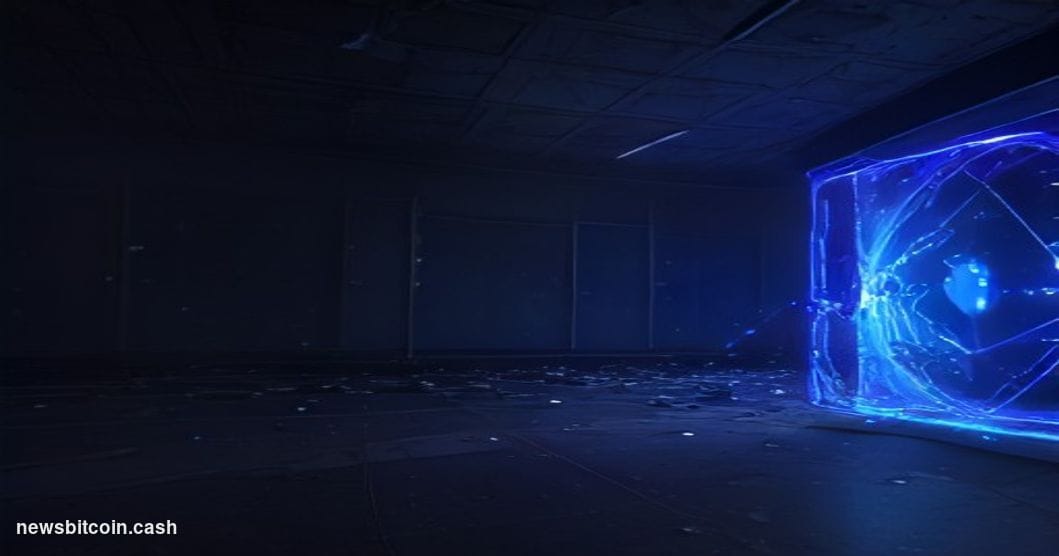 Cinematic photorealistic editorial photograph of a cracked and shattered digital vault door set against the deep purple-blue 