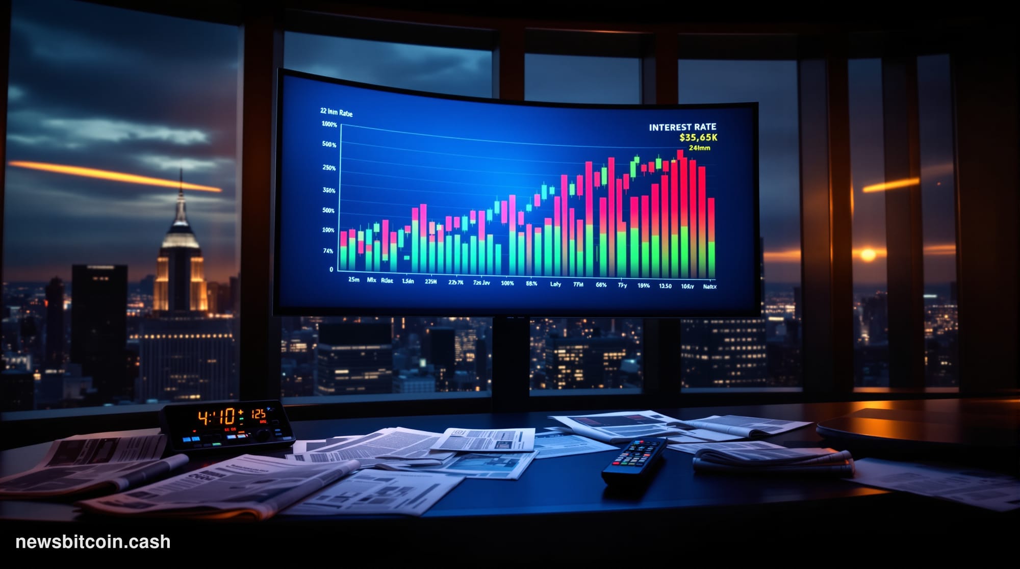 A cinematic photorealistic editorial photograph set inside a dramatic, dimly lit financial trading floor, shot from a low ang