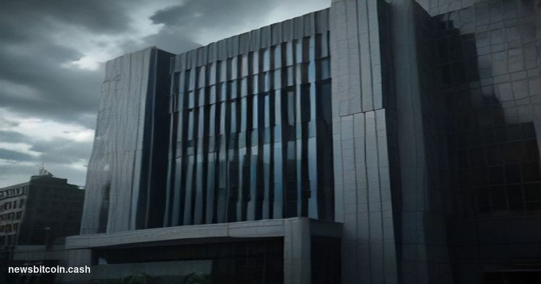 Cinematic photorealistic editorial photograph of the Credit Bank of Moscow headquarters exterior, shot from a low angle looki