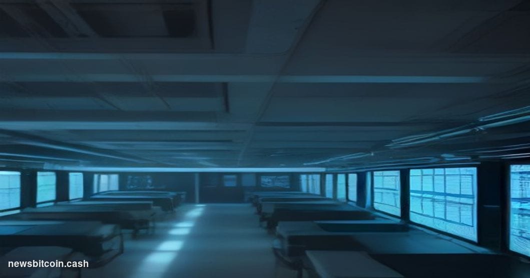 Cinematic photorealistic editorial photograph of a sleek, modern data center interior bathed in cool blue ambient light, with