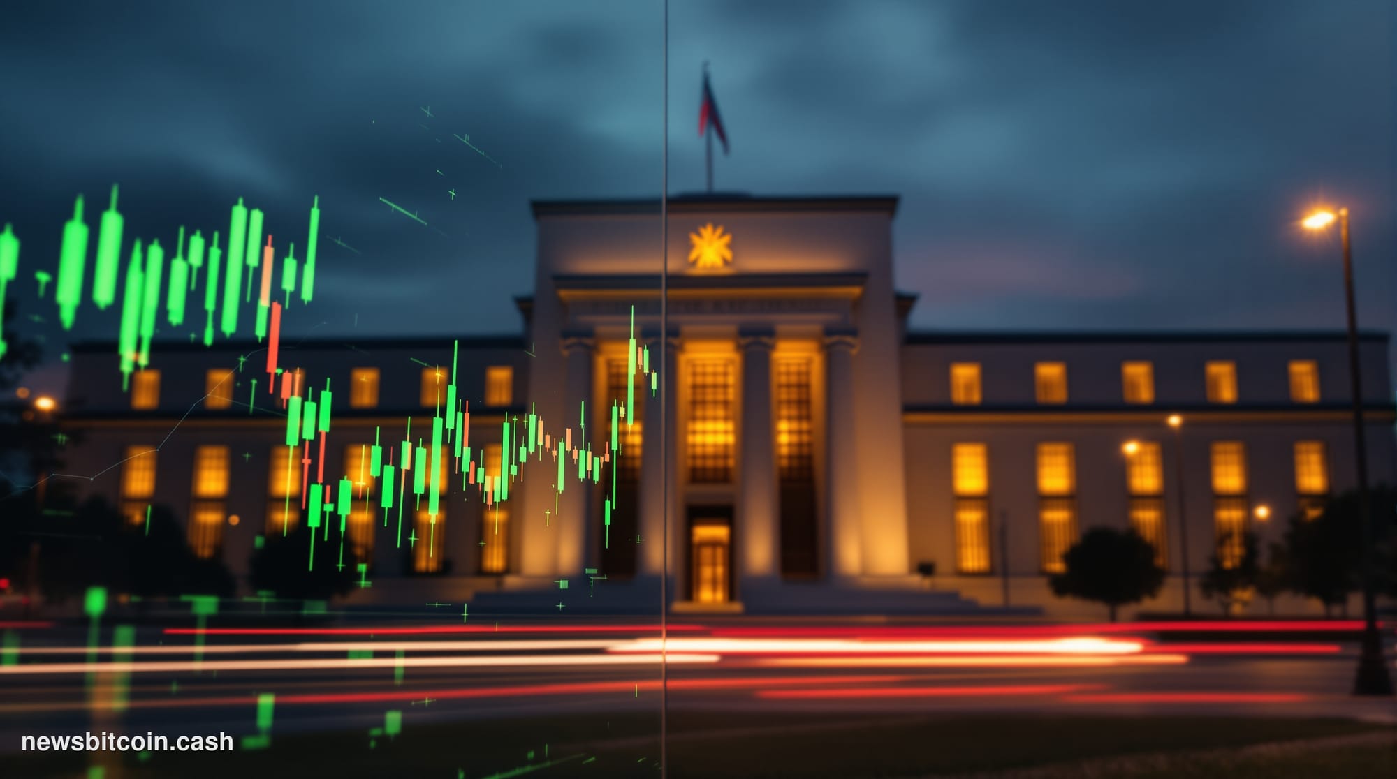 Cinematic photorealistic editorial photograph of the Federal Reserve Building in Washington D.C., shot from a low angle at go