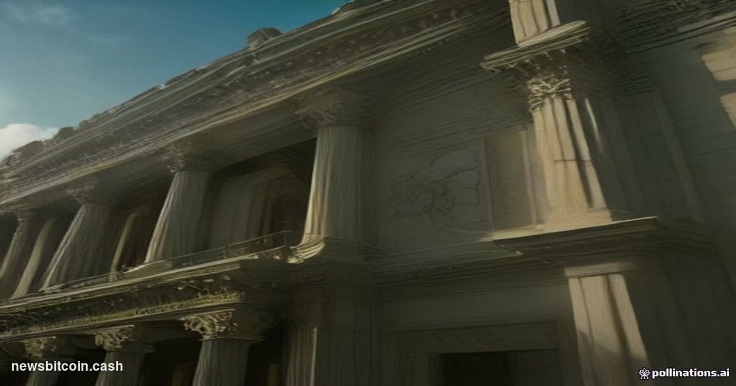 A cinematic photorealistic editorial photograph of the New York Stock Exchange building facade on Wall Street, shot from a lo