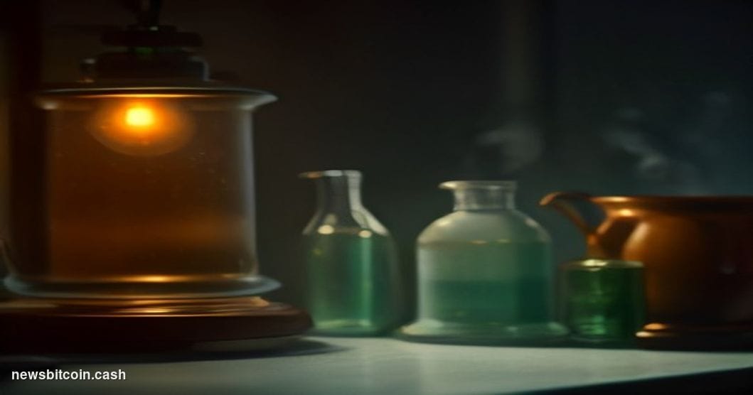 A cinematic photorealistic editorial photograph of a vintage 1990s-era glass coffee pot sitting on a worn laboratory counter,