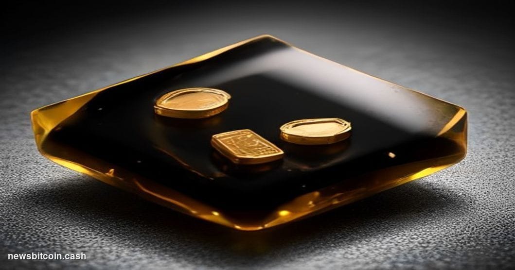 Cinematic photorealistic editorial photograph of a physical gold bar and a luminous Bitcoin coin placed side by side on a dar