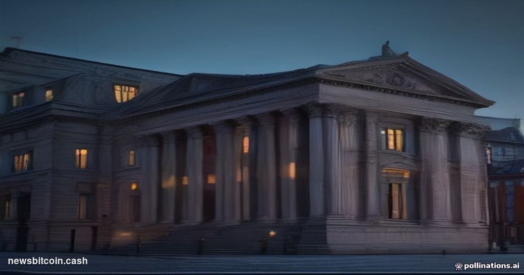Cinematic photorealistic editorial photograph of the Danish National Bank's neoclassical Copenhagen headquarters at dusk, sho