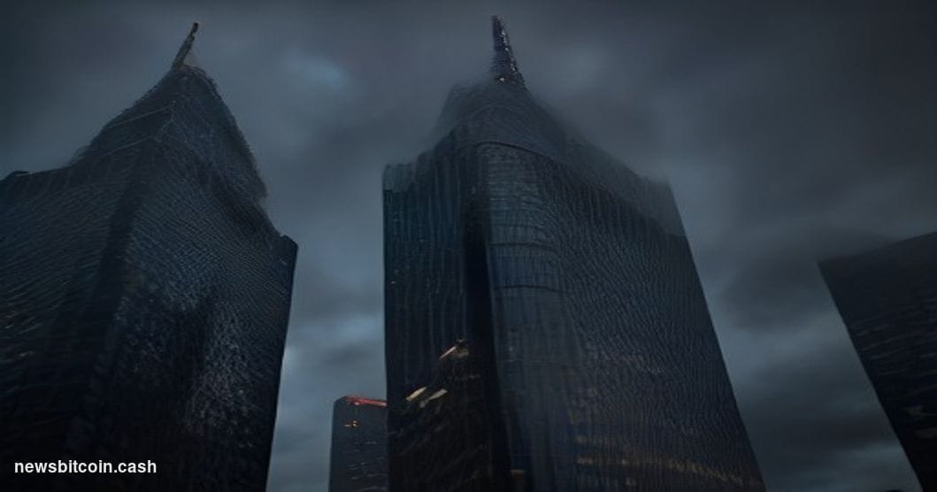 Cinematic photorealistic editorial photograph of Deutsche Bank's twin-tower headquarters in Frankfurt, Germany, shot from a l