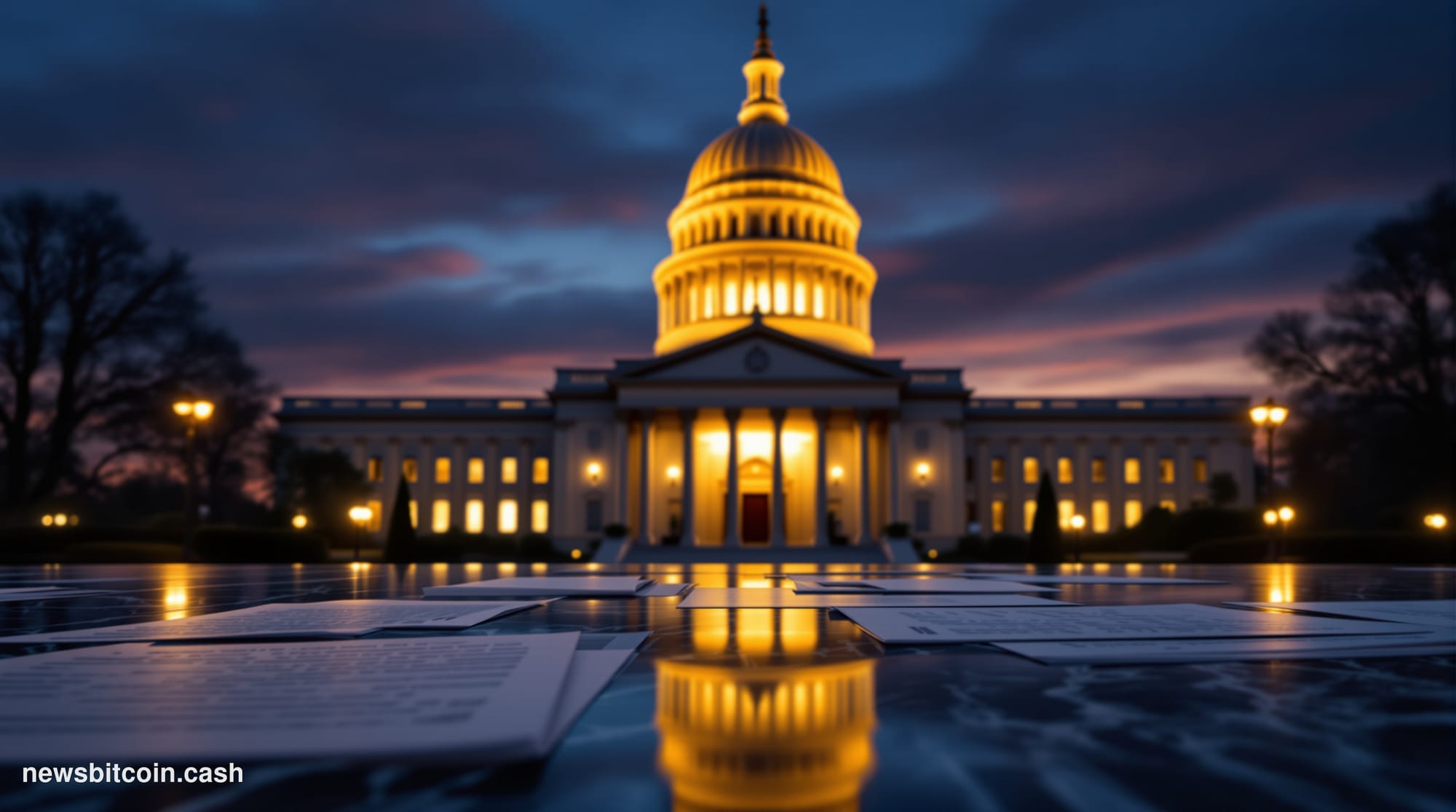 Cinematic photorealistic editorial photograph of the U.S. Capitol building in Washington D.C. shot at dusk from a low angle, 