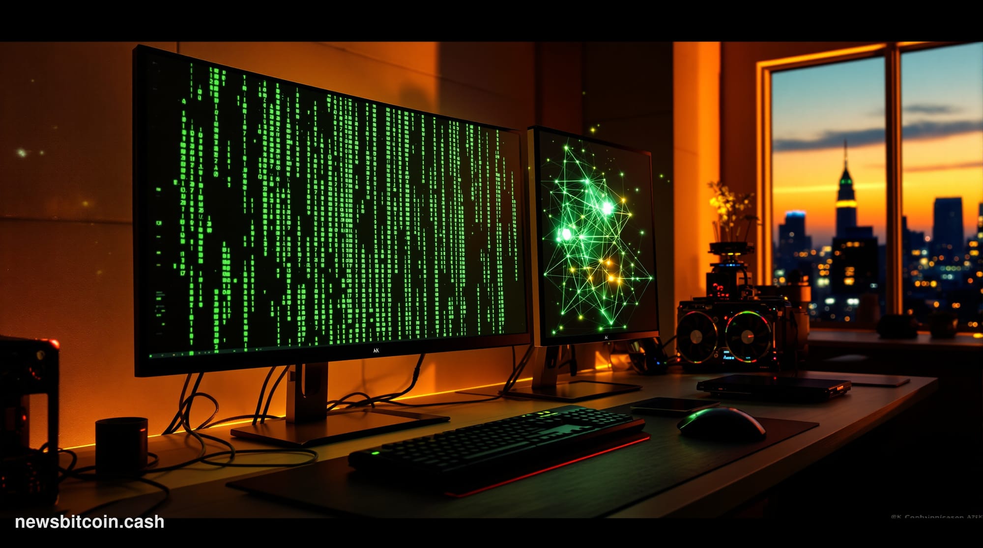 A cinematic photorealistic editorial photograph of a developer workspace bathed in warm amber and electric yellow lighting — 