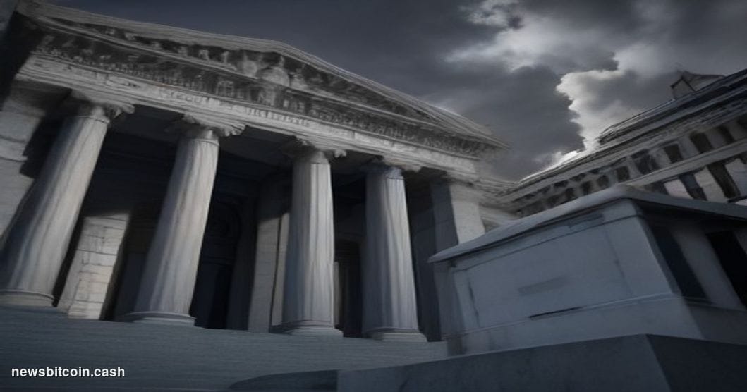 Cinematic photorealistic editorial photograph of a US federal courthouse exterior at dusk, shot from a low angle looking up a