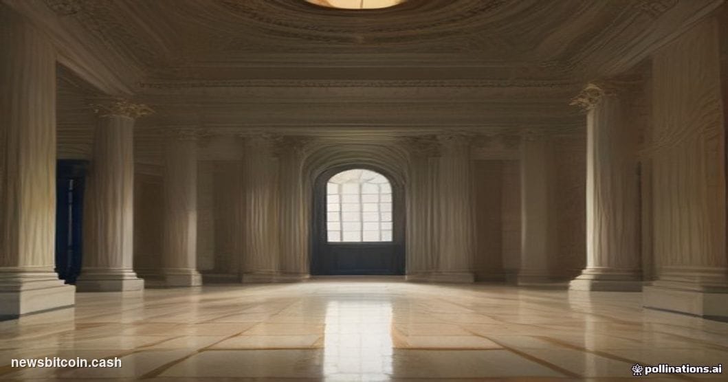 A cinematic photorealistic editorial photograph set inside a monumental financial clearing house interior — modeled on the ne