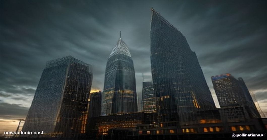 Cinematic photorealistic editorial photograph of the European Central Bank's iconic Frankfurt headquarters — the glass-and-st