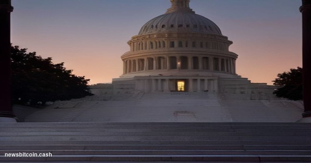 A cinematic photorealistic editorial photograph of the United States Capitol building in Washington D.C., shot from a low ang