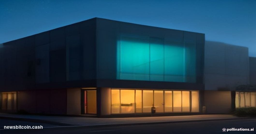 Cinematic photorealistic editorial photograph of a sleek Silicon Valley bank branch exterior at dusk, glass facade reflecting