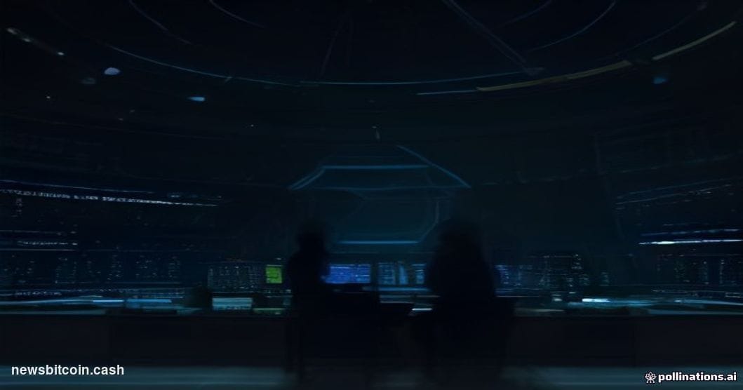 Cinematic photorealistic editorial photograph of a massive illuminated trading floor at dusk, dominated by a central curved s