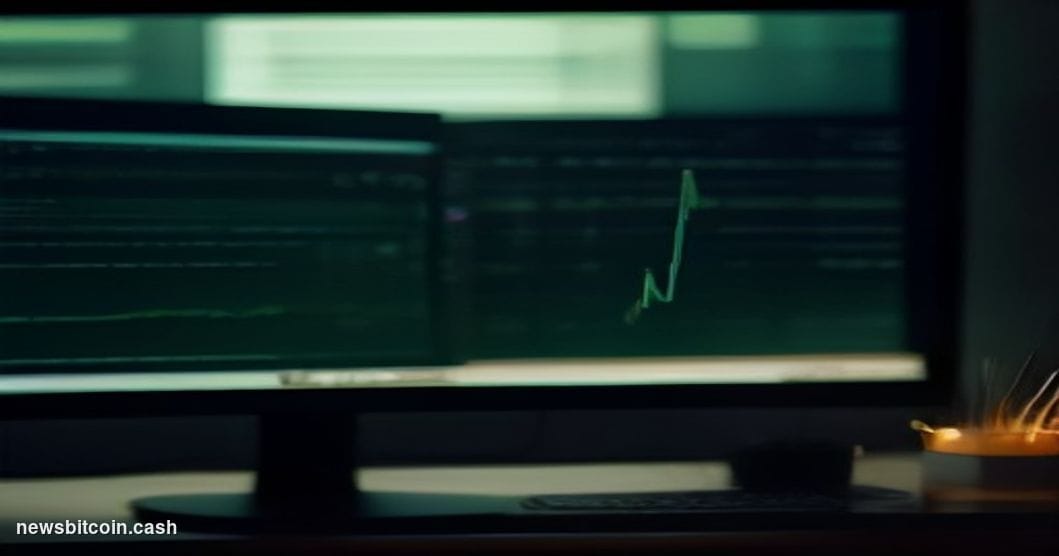 Cinematic photorealistic editorial photograph of a Bloomberg-style multi-monitor trading terminal in a dimly lit professional