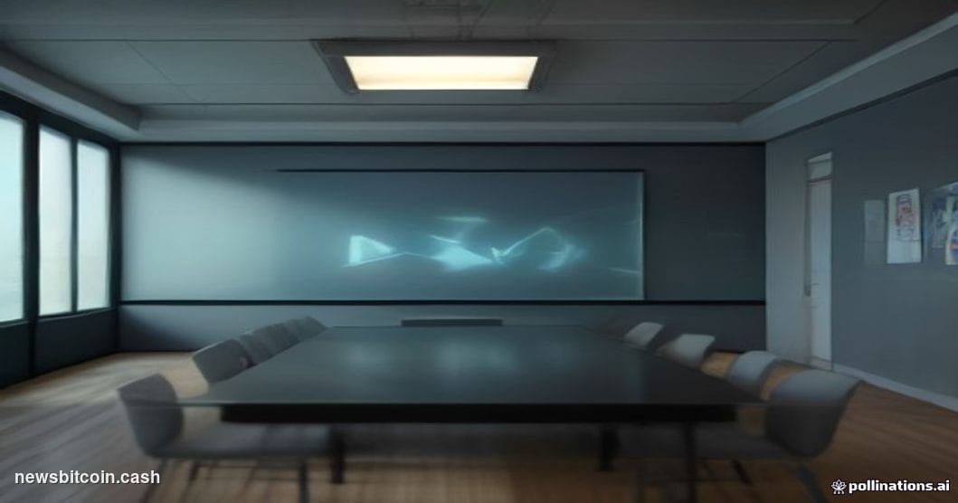 A cinematic photorealistic editorial photograph set inside a dimly lit technology boardroom, split compositionally down the c