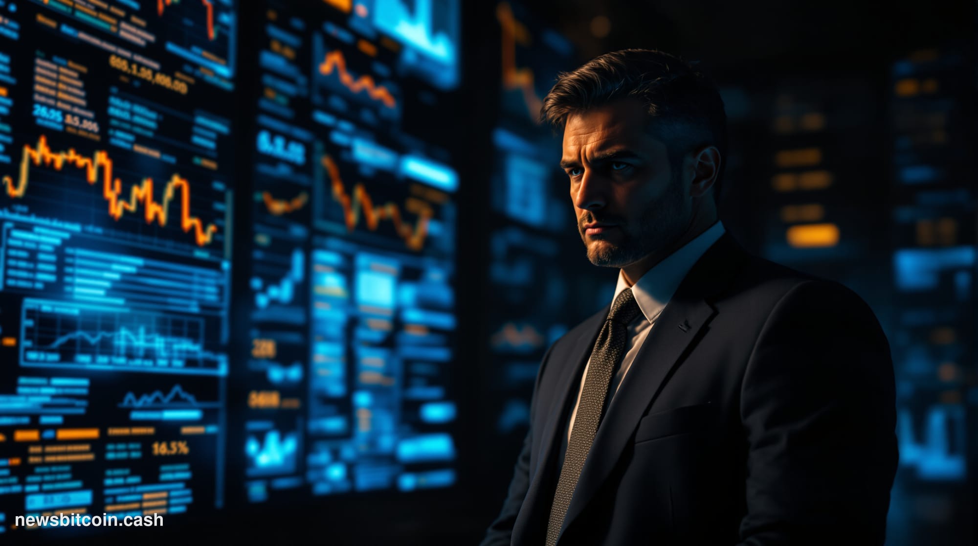 Cinematic photorealistic editorial photograph shot at ground level looking up at a European central bank building — marble co