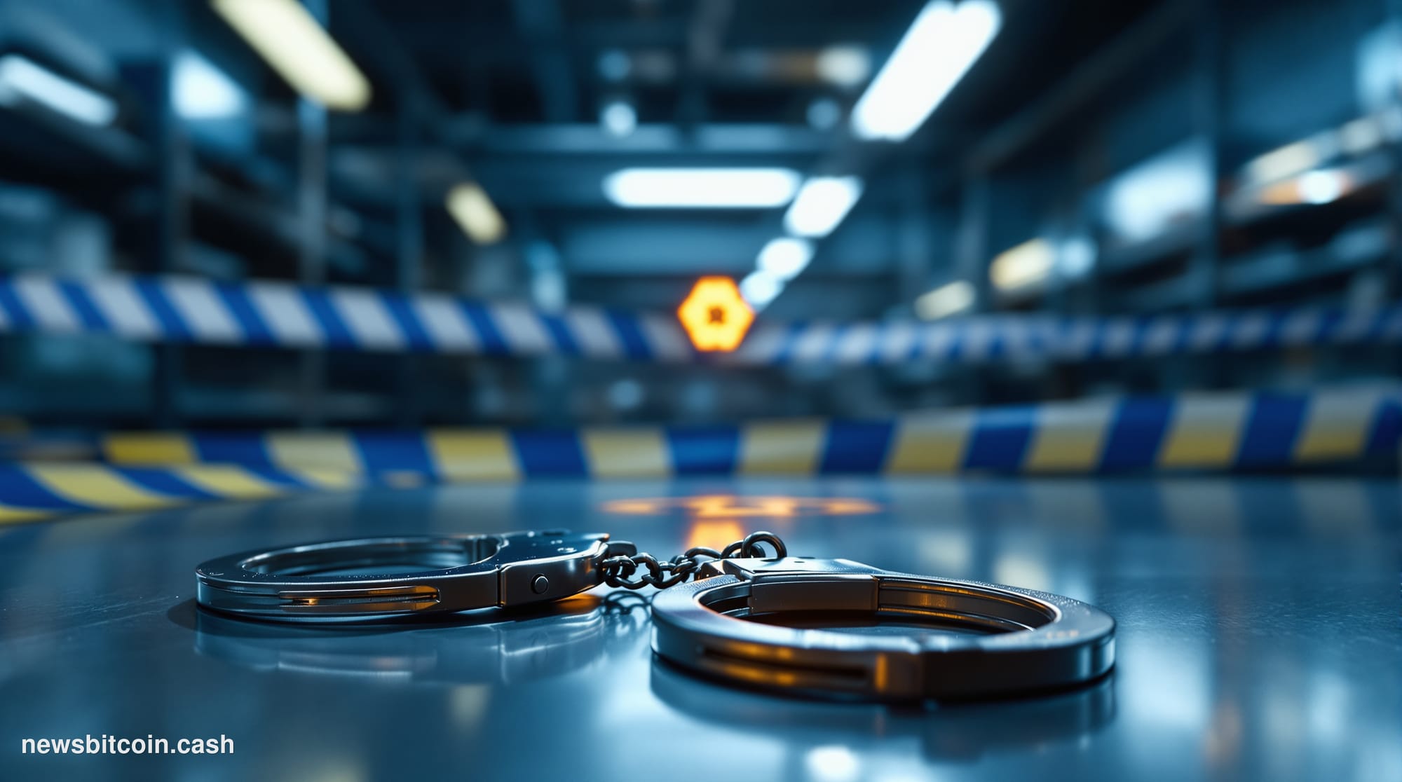 Cinematic photorealistic editorial photograph of a British law enforcement officer's badge and handcuffs resting on a cold st