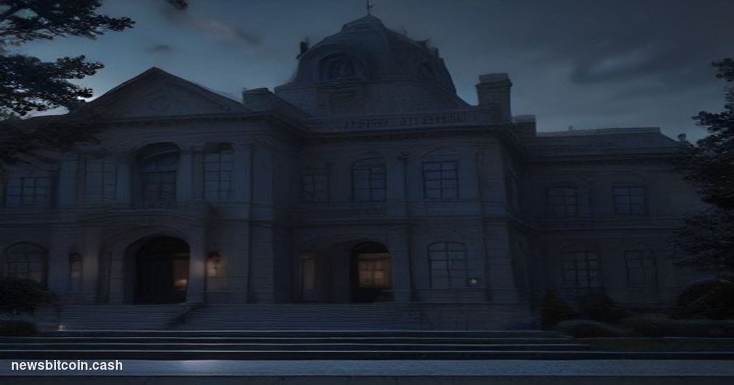 Cinematic photorealistic editorial photograph of an FBI field office exterior at dusk, the iconic blue-and-gold FBI seal prom
