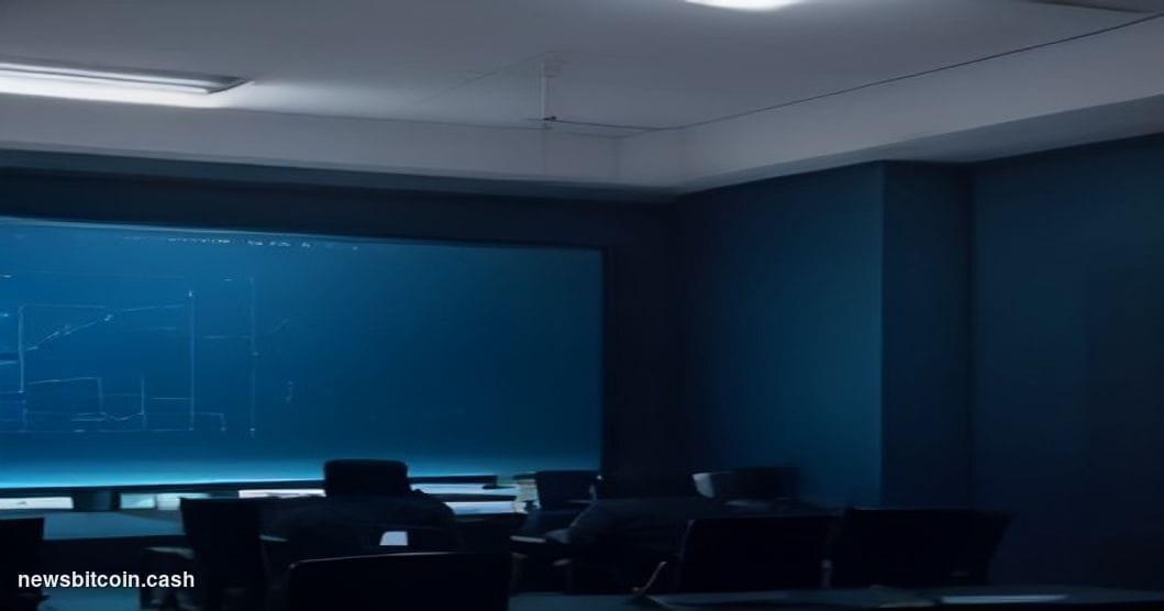 Cinematic photorealistic editorial photograph of a sleek FBI field office operations room, shot from a low angle looking up a