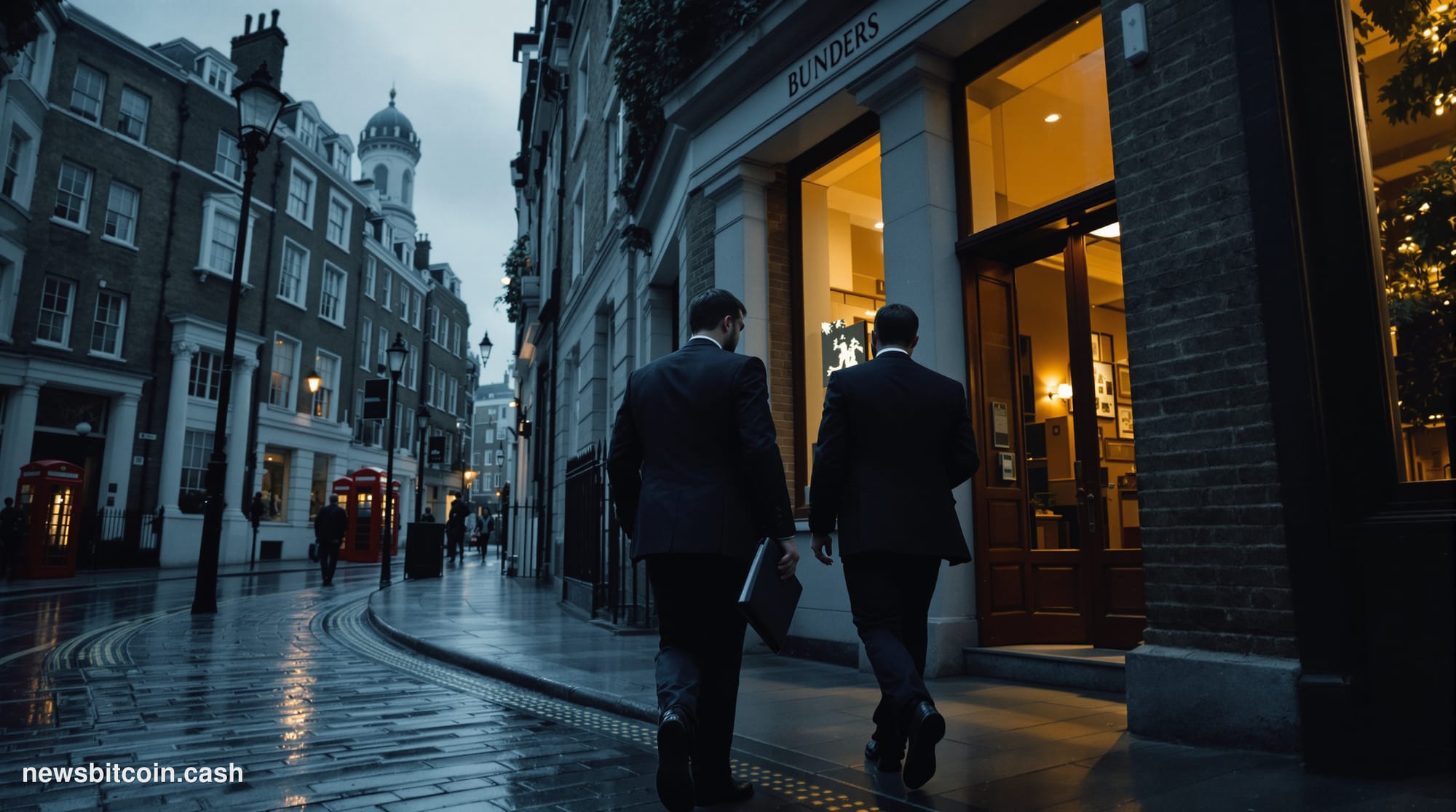 Cinematic photorealistic editorial photograph of a narrow London street in the financial district, late afternoon, with overc