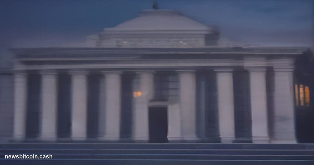 Cinematic photorealistic editorial photograph of the Marriner S. Eccles Federal Reserve Board Building in Washington D.C., sh